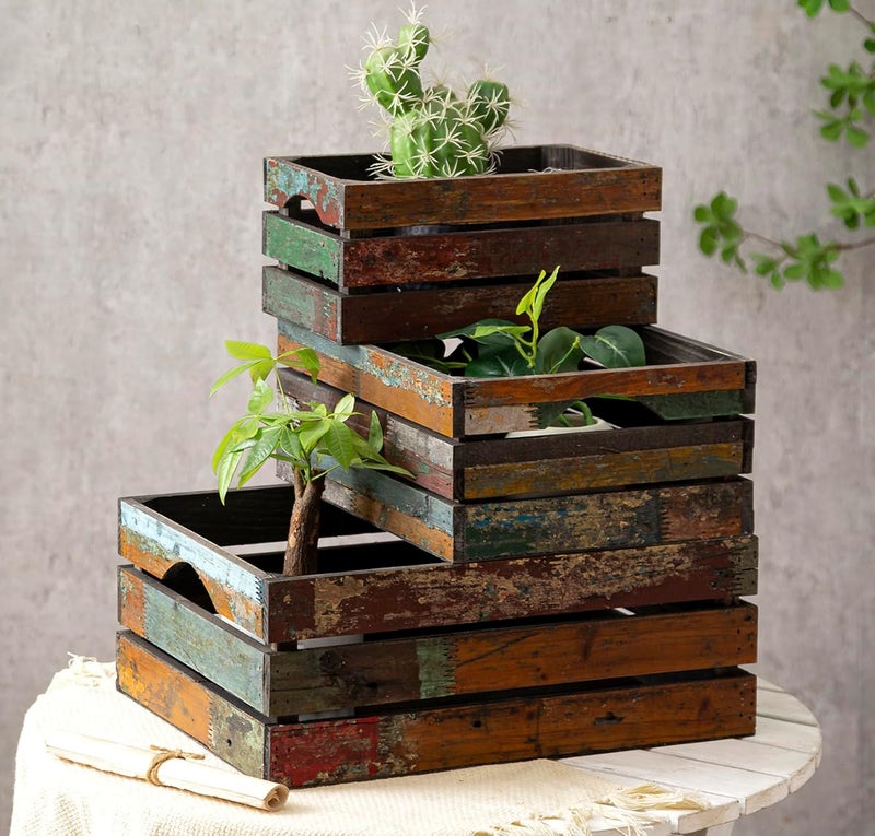 TIMRIS Set of 3 Rustic Distressed Wood Nesting Crates, Farmhouse Decorative Wooden Storage Boxes, Large Vintage Reclaimed Wood Baskets for Display (Random) - Image 1